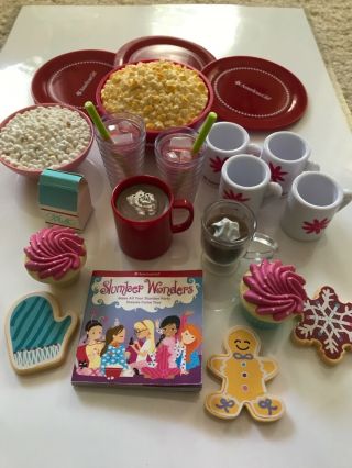 American Girl Slumber Party Drinks Cocoa Cookies Popcorn Plate Mugs Book Cupcake