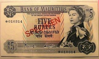 1967 Mauritius Specimen 5 Rupees Note Gem Cu Africa India British Uk Paper Money