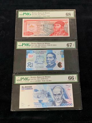 Tt Pk 64b,  91a,  & 122a 1973 - 2006 Mexico 20 & 20000 Pesos Pmg 68 Epq Set Of 3