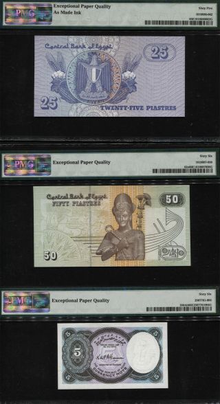 TT PK 190Ab,  62o,  UNL 1940 - 2008 EGYPT 5,  25,  50 PIASTRES PMG 66 EPQ GEM SET OF THREE 2