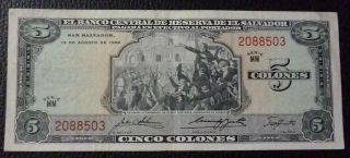 El Salvador Banknote 5 Colones,  Pick 111a Vf 1968 - Series Mm