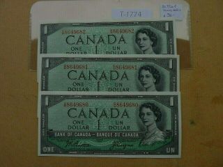 Canada 3x Banknote 1954 1 Dollar Sequance Number Prefix Gm Value 90.  00 T1774