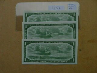 CANADA 3X BANKNOTE 1954 1 DOLLAR SEQUANCE NUMBER PREFIX GM VALUE 90.  00 T1774 2