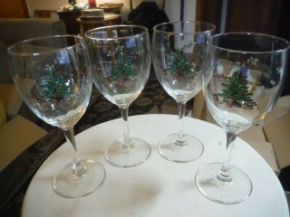 Set Of 4 Vintage Cuthbertson Christmas Tree Stemmed Wine Glasses Approx 7 " Tall