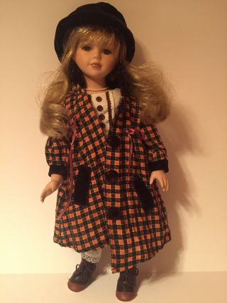 Porcelain Doll With Cloth Body Long Blonde Hair 18 " Tall