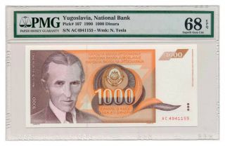 Yugoslavia Banknote 1000 Dinara 1990.  Nikola Tesla Pmg Ms - 68 Epq