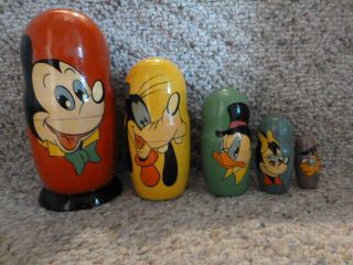 :) Disney Mickey Mouse Russian Stacking Dolls Set Of 5 Minnie Goofy Donald Pluto