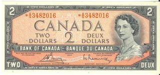 Bank Of Canada 1954 $2 Two Dollars Replacement Note A/g Prefix Au,  /unc