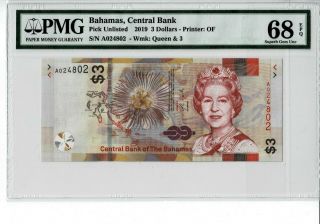 Bahamas Central Bank 2019 3 Dollars Prefix A Pmg 68 Epq Gem Unc