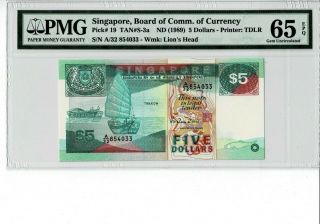 Singapore 1989 5 Dollars Prefix A/32 Pmg 65 Epq Gem Unc