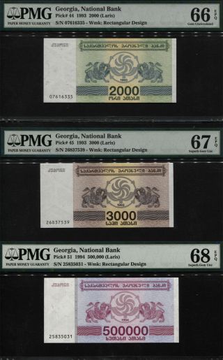 Tt Pk 44,  45,  51 1993 - 94 Georgia 2000,  3000,  500k Laris Pmg 68 Epq Set Of 3