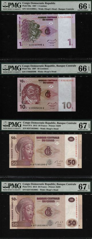 Tt Pk 80a,  82a & 97a Congo 1 & 10 Centimes & 50 Francs Pmg 66q & 67q Set Of Four