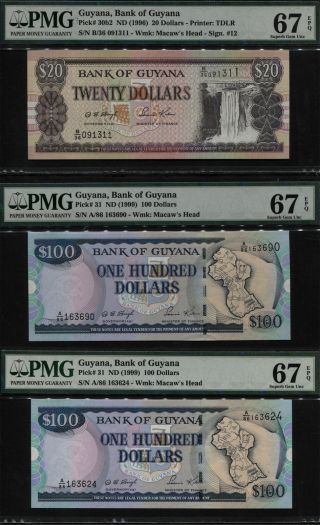 Tt Pk 31 & 30b2 1996 - 99 Guyana 20 & 100 Dollars Pmg 67 Epq Gem Set Of 3