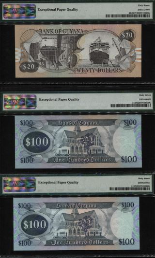 TT PK 31 & 30b2 1996 - 99 GUYANA 20 & 100 DOLLARS PMG 67 EPQ GEM SET OF 3 2