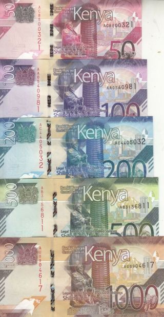 Kenya 50 100 200 500 1000 Shillings 2019 P - Unc Full Set /