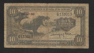 Belgian Congo Rwanda Burundi 10 Francs 05 - 10 - 1960 P2