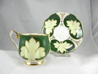 Fabulous Royal Albert England Emerald & Gold Floral Trefoil Footed Cup & Saucer