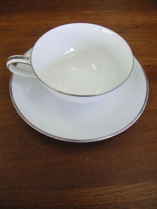Noritake Colony 5932 Flat Cup & Saucer Set - All White Platinum Trim - Japan