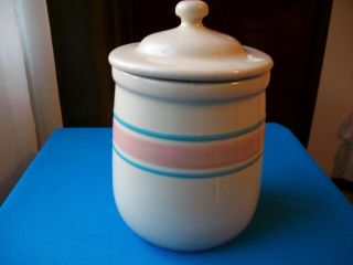 Mccoy Pottery Stone Craft Tea Canister Pink And Blue Band 135