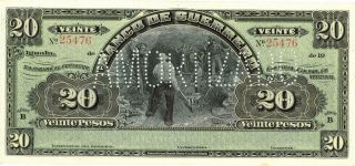 Mexico 20 Pesos Banco Guerrero Banknote 1914 Cu