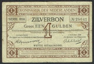 Netherlands 1 Gulden 1918 01.  10.  1918 Zilverbon / Silver Note P13