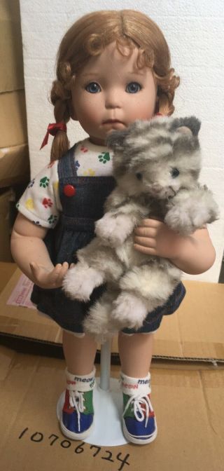 Can I Keep Her? Doll W/cat By Donna Rubert Porcelain 16 Inches Tall On Stand