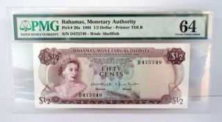 Bahamas Monetary Authority 1968 $1/2 P - 26a Issued Pmg Ch.  Unc 64 Tdlr