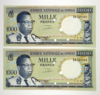 Banque Nationale Du Congo 1964 Sequential Pair 1000 Francs Star Cut Cancel Tdlr