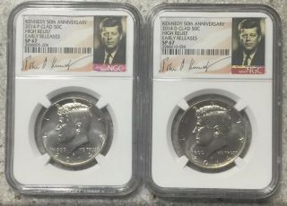 2014 P&d Clad 50c High Relief Kennedy 50th Anniv Set Ngc Sp67/sp67 Signatures