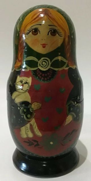 Russian Hand Painted Girl With Cat 4 Nesting Dolls Matryoshka Signed By Artist