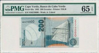 Banco De Cabo Verde Cape Verde 200 Escudos 1992 S/no 570000 Pmg 65epq