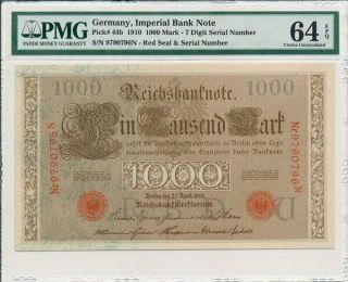 Imperial Bank Note Germany 1000 Mark 1910 S/no 979x79x Pmg 64epq