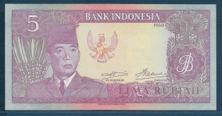 Indonesia 5 Rupiah,  1960,  P 82a / Wmk : Sukarno,  Unc