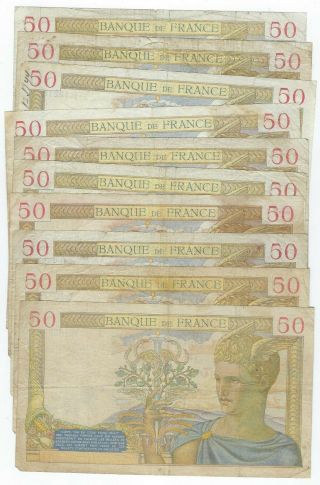 France P - 85b 50 Francs 1937 - 40 circulated 10 notes 2