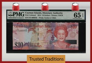 Tt 2014 Cayman Islands 10 Dollars Queen Elizabeth Ii 3 Digit S/n 840 Pmg 65 Epq