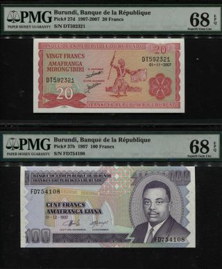Tt Pk 27d & 37b Burundi Banque De La Republique 20 & 100 Francs Pmg 68q Set Of 2