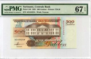 Suriname 500 Gulden 1991 P 140 Gem Unc Pmg 67 Epq Highest