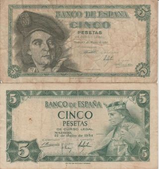 Two Spanish Bank Notes / 1948 5 Pesetas / 1954 5 Pesetas /