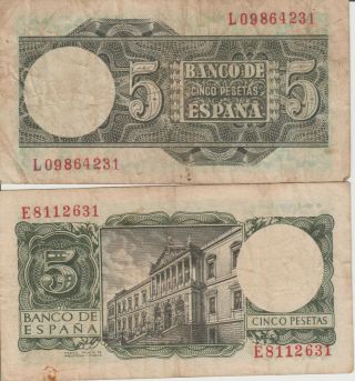 Two Spanish Bank Notes / 1948 5 Pesetas / 1954 5 Pesetas / 2