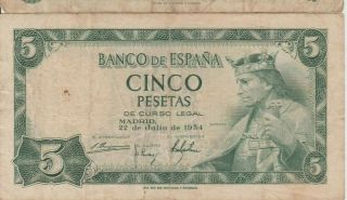 Two Spanish Bank Notes / 1948 5 Pesetas / 1954 5 Pesetas / 3