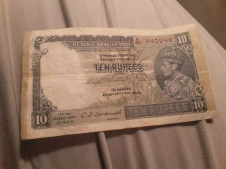 British India 10 Rupees,  King George Vi,  1937,  1938 Sign Deshmukh
