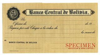 Banco Central De Bolivia Ca.  1920 - 30s Specimen Official Check By Waterlow & Sons