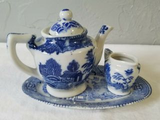 Vintage Made In Japan Blue Willow China Miniature Tea Pot,  Tray And Creamer
