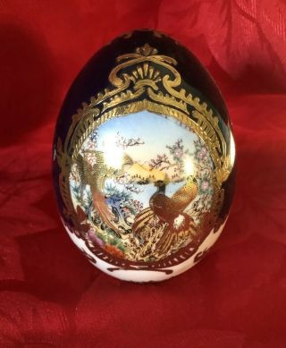 5 " Limoges Gilded Gold Enamel Porcelain Cobalt Blue Egg With Pheasants Birds