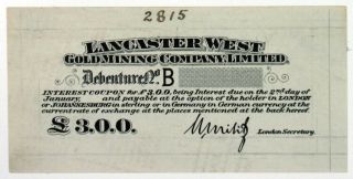 Waterlow & Sons Progress Proof 1900 - 20 Lancaster West Gold Mining Co.  Unc W&s