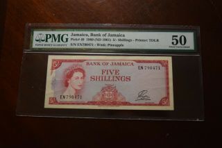 1960 Bank Of Jamaica 5 Shillings Note Pmg Au 50 Pin Holes