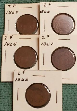 1864,  1865,  1866,  1867,  1868 Two Cent Coins Xf Full Details And Dates