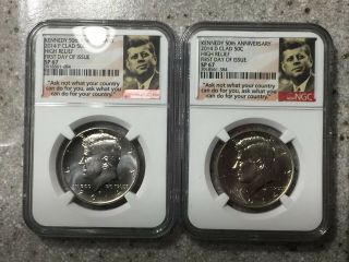 2014 P&d Clad 50c High Relief Kennedy 50th Anniv Set Ngc Sp67/sp67 Ask Not Label