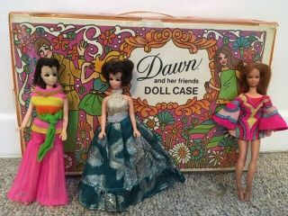 Vintage Dawn Doll Case,  3 Dolls Incl Rock Flowers,  Clothes,  Furniture & Record
