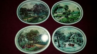 Vintage Currier And Ives 14 1/2” Oval Metal Serving Trays Set Of 4 Season